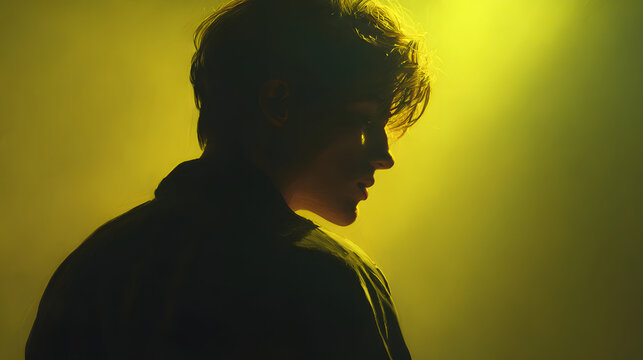 Moody portrait young adult silhouette dramatic lighting yellow background side profile contemplative expression digital art soft focus mysterious atmosphere