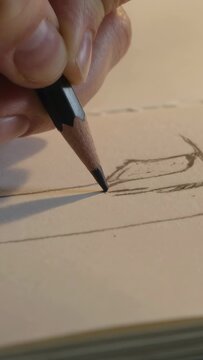 Vertical video: Touching cream pad on table with pencil right hand drawing round box to mark guides
