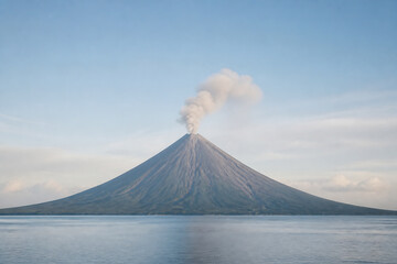 Fototapeta premium A large volcano emitting smoke rises above a calm body of water under a pale blue sky.