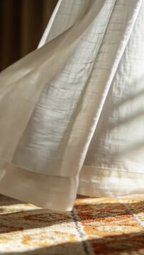 Vertical video: Foot shifting, woman wearing long white skirt billowing on grid rug, balancing