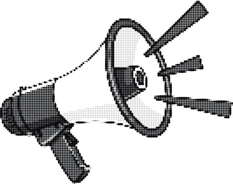 Vintage megaphone illustration with halftone dot pattern on transparent background retro announcement device communication symbol graphic design.