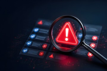 Fototapeta premium Magnifying glass focusing on glowing red warning triangle over digital interface checklist. Concept of cybersecurity vulnerability scanning, software error detection, and quality audit.