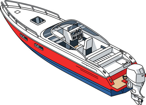 Red motorized speedboat with outboard engine rests on a transparent background