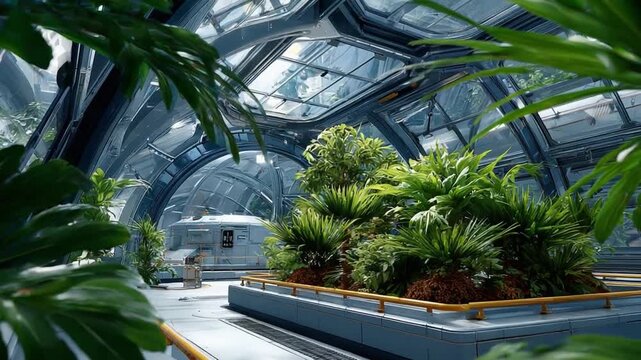 Futuristic Greenhouse: Lush green plants thrive within a modern, geodesic dome greenhouse, blending nature with advanced architectural design, creating an oasis of life and innovation.