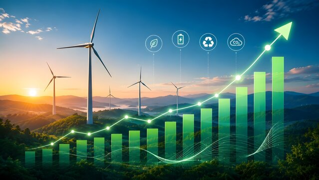 Green rising arrow chart over wind turbines and mountains. Concept of renewable energy investment, sustainable ESG business growth, and net zero environmental progress.