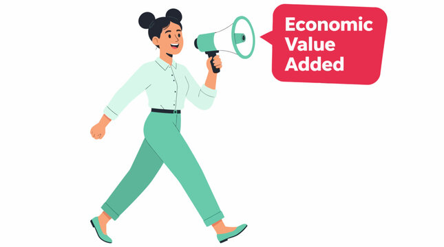 Woman holding megaphone announcing economic value added.