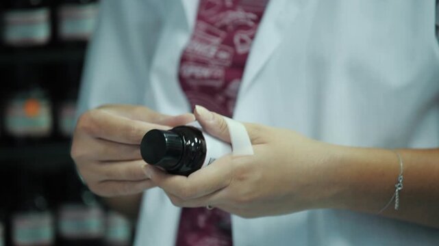 &nbsp;Close-up of a Perfumer Applying a Label to a Fragrance Bottle