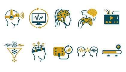 Fototapeta premium Neurofeedback and brain-computer interface technology symbols in dual-tone style for neurotech apps, BCI platforms, cognitive enhancement dashboards, and neurotechnology product UI design tools.