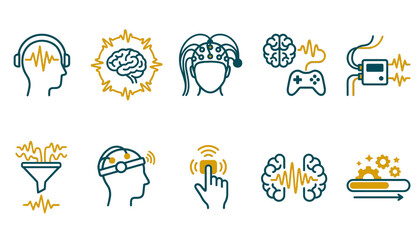 Fototapeta premium Neurofeedback and brain-computer interface technology symbols in dual-tone style for neurotech apps, BCI platforms, cognitive enhancement dashboards, and neurotechnology product UI design tools.