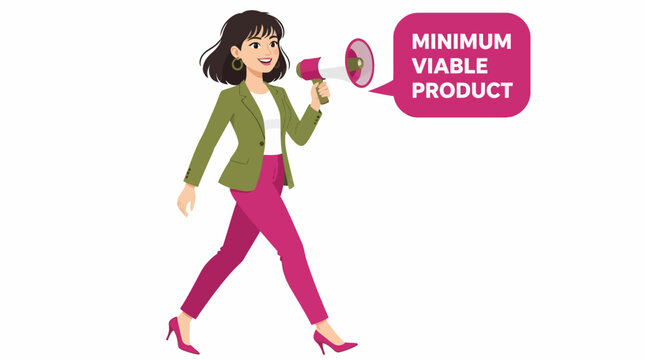 Businesswoman holding megaphone for minimum viable product announcement.