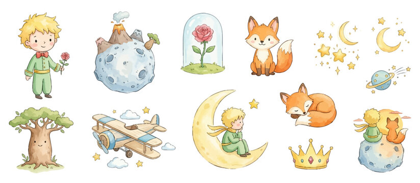 Cute little prince fairy tale characters. Whimsical storybook collection inspired by fantasy adventure and wonder. Collection of Vector illustrations for invitation, card, poster, banner, decoration