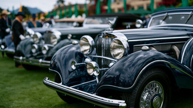 Row of polished prewar roadsters gleaming under overcast morning sky at a formal concours d'elegance field event, white-gloved judges examining chrome engine bays while owners in period driving atti