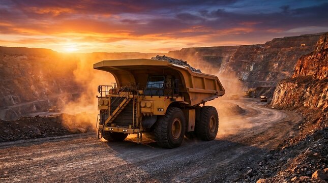Heavy duty yellow haul truck operating in deep open pit mine during dramatic sunset
