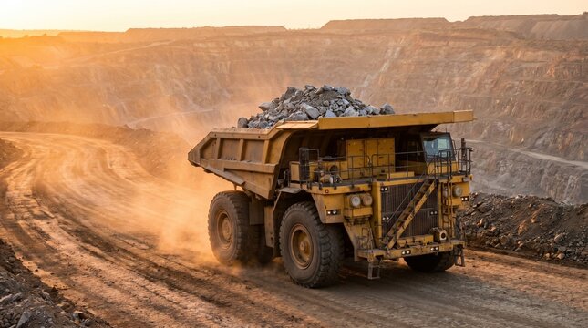 Heavy-duty mining truck carrying a full load of raw materials traverses a dusty path in an expansive open-pit mine under a dramatic sky