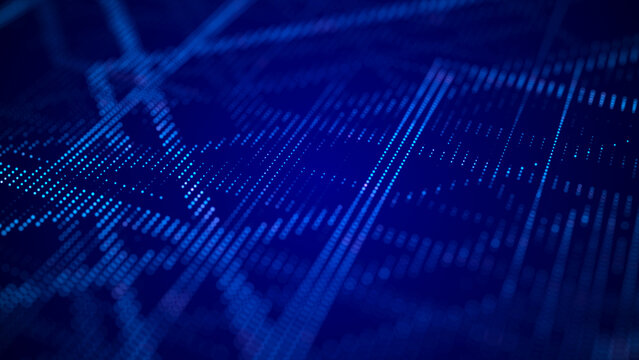 Digital blockchain concept. Data storage in separate cells. Abstract background with dots and connection lines. 3D .