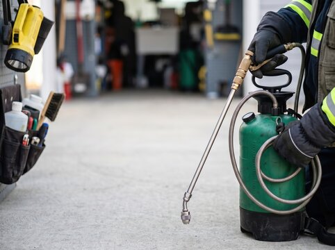 Professional using pump sprayer for sanitization