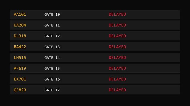 Airport flight information display board showing multiple flight delays and gate changes departure