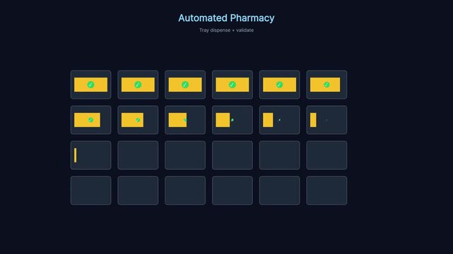 Automated pharmacy system interface: digital medication tray dispensing and validation process animation