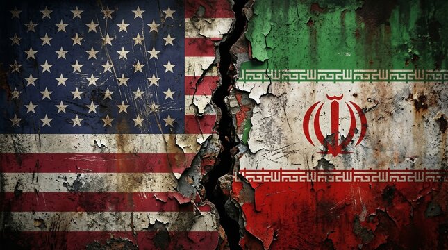 Distressed flags of the United States and Iran separated by a large dark jagged central crack