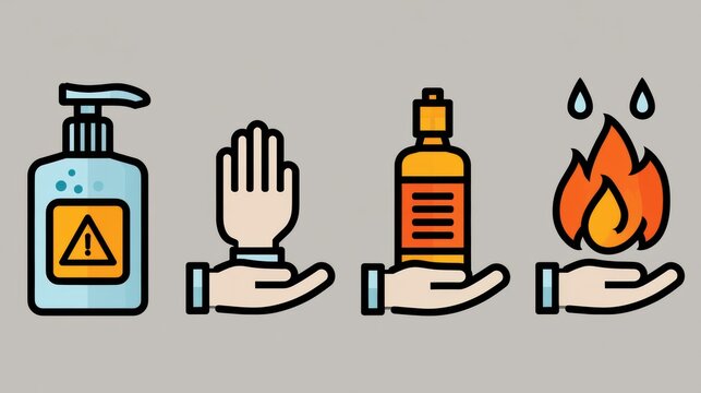 Four-step guide shows handling a burn, focusing on cooling, covering, avoiding blister popping, and getting help as needed.