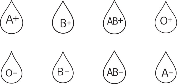 Blood type vector icons with A, B, AB, O groups and Rh factors for medical and lab use symbols.