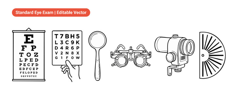 Eye exam vector icons set containing optometry equipment line art illustrations for clinical vision test concepts including snellen chart, trial frame glasses, astigmatic dial, and magnifying toolset.