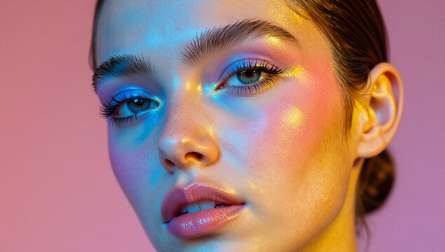 Vibrant, colorful makeup on a young woman's face.