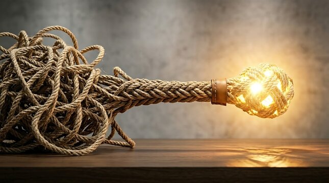 Tangled rope resolving into glowing lightbulb problem solving concept symbolizing complex business challenge resolution and creative idea