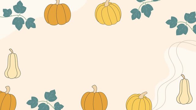 Seamless looping background animation of swinging pumpkins and leaves with center text copy space. Flat style seasonal autumn Thanksgiving illustration on soft cream solid color