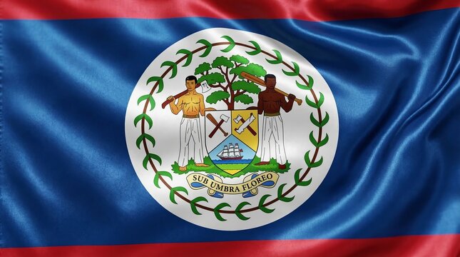 Waving national flag of Belize featuring a detailed coat of arms with vibrant satin fabric texture