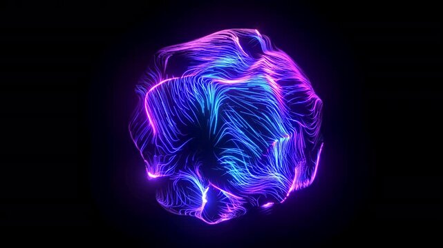Abstract glowing neon sphere with flowing lines rotating on black background. Abstract concept of digital technology, artificial intelligence and data flow. 3D blue energy ball, slow motion, looped 4K