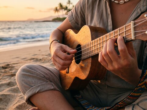 Person playing ukulele on a sandy beach at sunset.