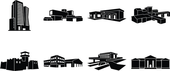 Obraz premium Set of modern architecture building icons in black silhouette style isolated on white background