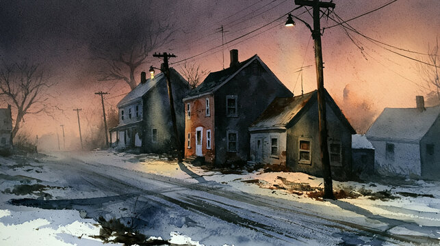 Melancholic Watercolor Painting of a Deserted Street and Old Houses in Winter Dusk