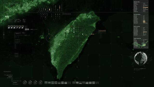 Global satellite surveillance map, tactical military intelligence interface, geopolitical data visualization, cyber warfare concept, strategic monitoring, dark cinematic tech background : Taiwan