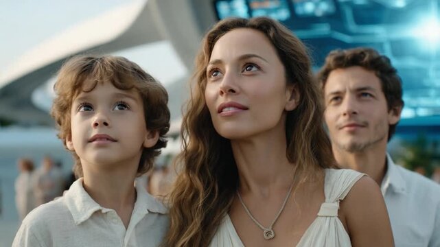 A Bright Future Awaits: A family of three, a mother, father, and son, look forward with hope and optimism, illuminated by the light of an advanced, futuristic city.