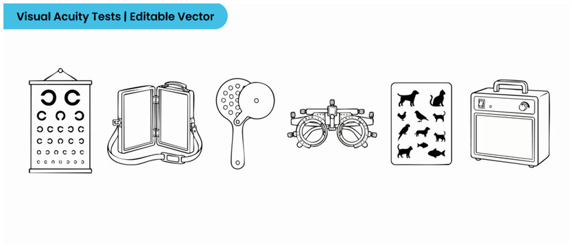 Eye exam equipment vector icons set for visual acuity testing and optometric clinic diagnosis featuring landolt c chart, trial frame, pediatric vision test, pinhole occluder, and optical device suite.