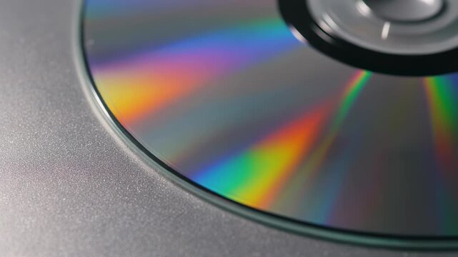 Macro rainbow spectrum reflection on a silver compact disc, retro music vibe showing nostalgia and optical illusions