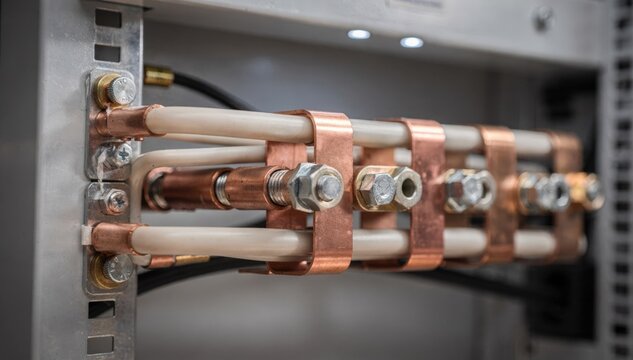 Focused view on bonding straps and power busbars inside telecom cabinet with shallow depth of field emphasizing new electrical installation.
