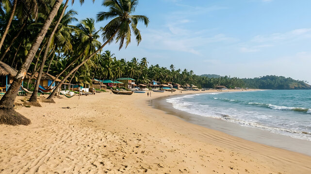 Serene beach in Goa with soft sands and palm trees swaying in the breeze