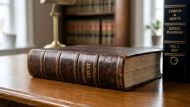Elegant archival book titled Irrevocable Trust alongside complementary binders representing permanent custody and documentation