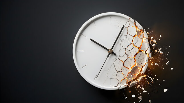 Shattering Analog Clock Disintegrating into Pieces on Black Background Time Concept