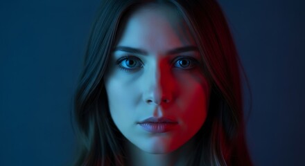 Naklejka premium Portrait of a young woman with split blue and red neon lighting.
