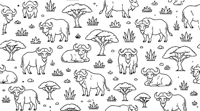 Detailed illustration of buffalo and antelope in savanna habitat.