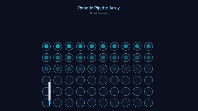 Robotic pipette array 96-well plate dispensing animation for laboratory automation and biotech research