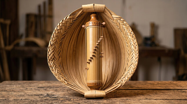 Traditional Indonesian Sasando Bamboo String Musical Instrument with Woven Rattan Display on Rustic Wooden Table