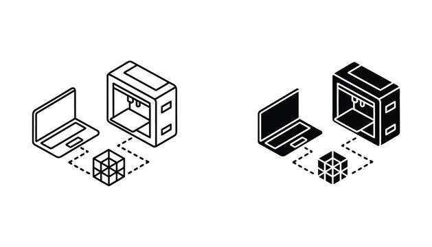 Isometric 3d laptop and 3d printer workflow illustration