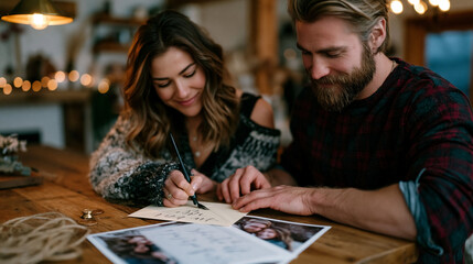 Fototapeta premium Couple at wooden kitchen table addressing cream envelope for save the date announcement, calligraphy pen in hand, engagement portrait proofs spread across surface beside wax seal stamp and twine bes