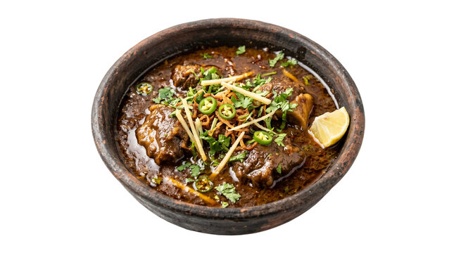 Traditional mutton nihari stew in clay bowl, slow cooked beef curry with ginger and cilantro, authentic Pakistani spicy meat gravy with lemon isolated PNG with Transparent Background
