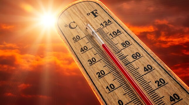 Wooden thermometer measuring scorching ambient air temperature against dramatic evening sunset sky illustrating climate crisis and record breaking heat waves impacting our planet earth.